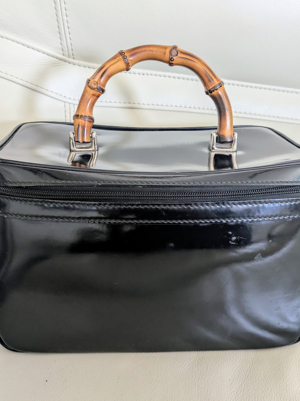 Gucci Black Patent Leather Vanity Case Handbag Bamboo Top-Handle Vintage